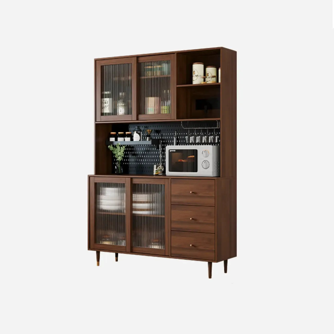3-Drawer Wooden Fluted Glass Door Kitchen Sideboard