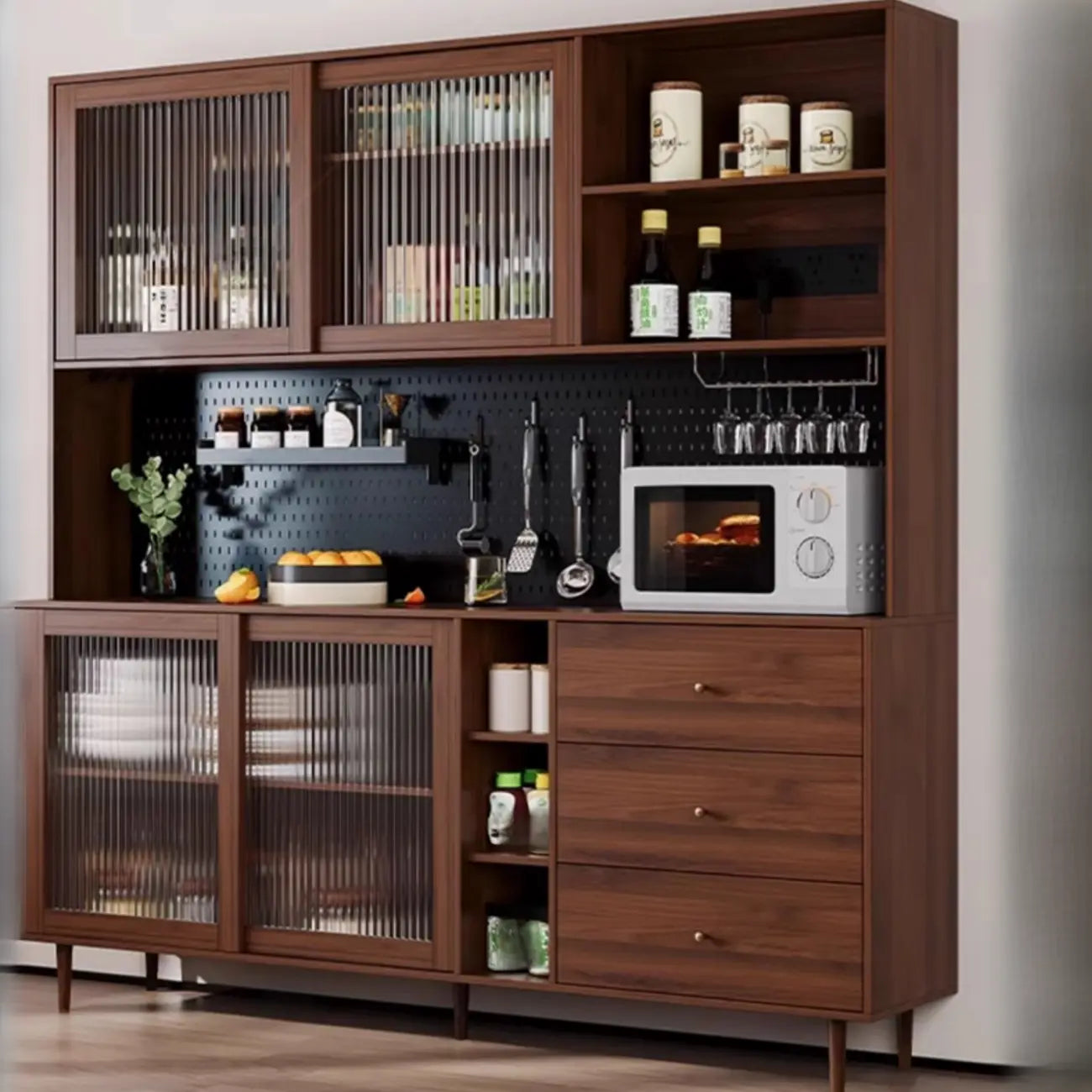 3-Drawer Wooden Fluted Glass Door Kitchen Sideboard