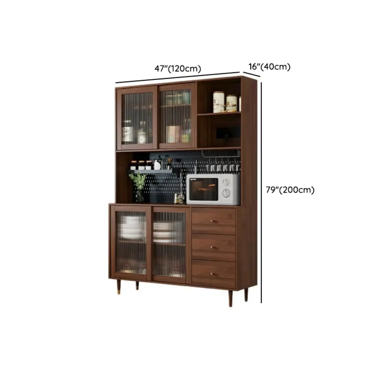 3-Drawer Wooden Fluted Glass Door Kitchen Sideboard