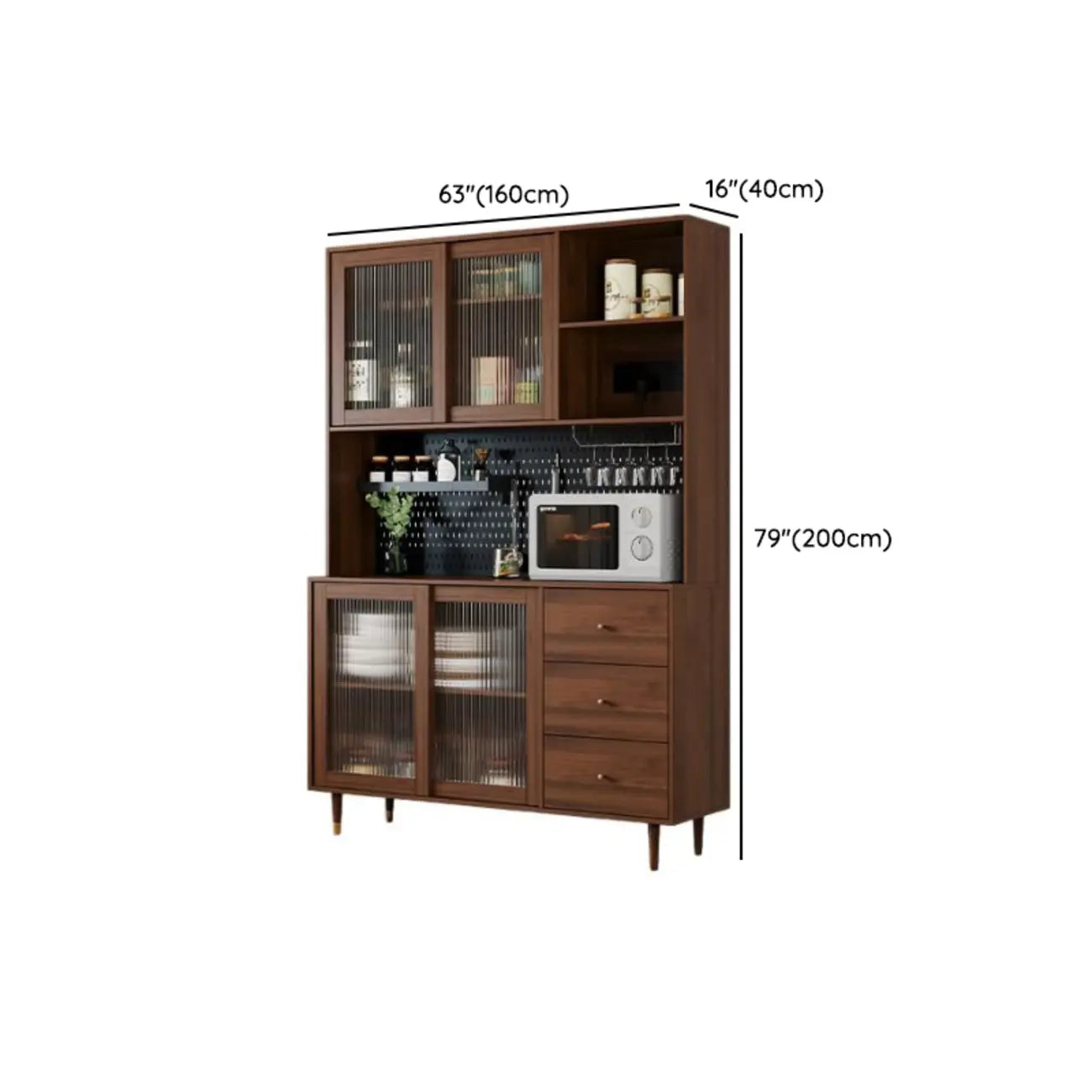 3-Drawer Wooden Fluted Glass Door Kitchen Sideboard
