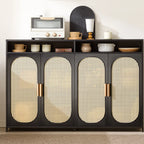 Narrow Rectangular Rattan Bamboo Sideboard with Open Shelf