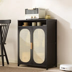 Narrow Rectangular Rattan Bamboo Sideboard with Open Shelf