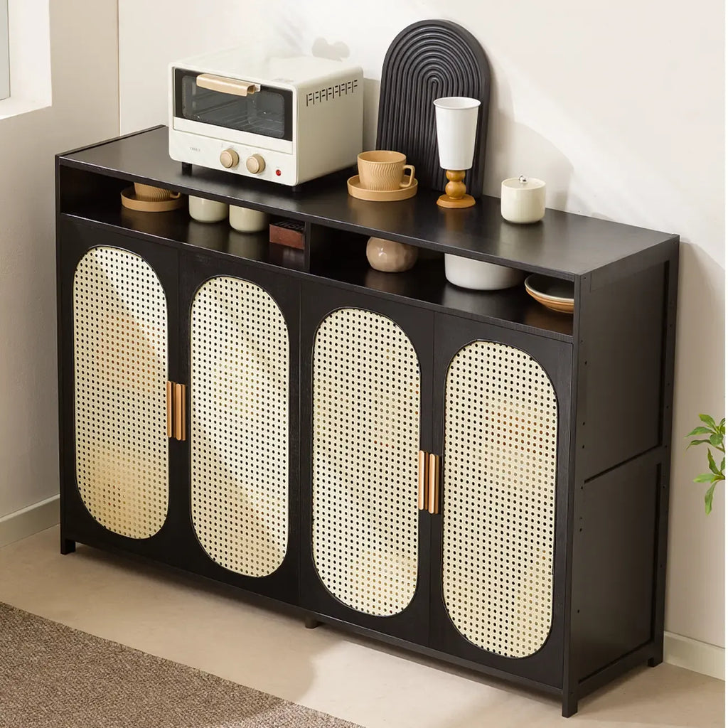 Narrow Rectangular Rattan Bamboo Sideboard with Open Shelf