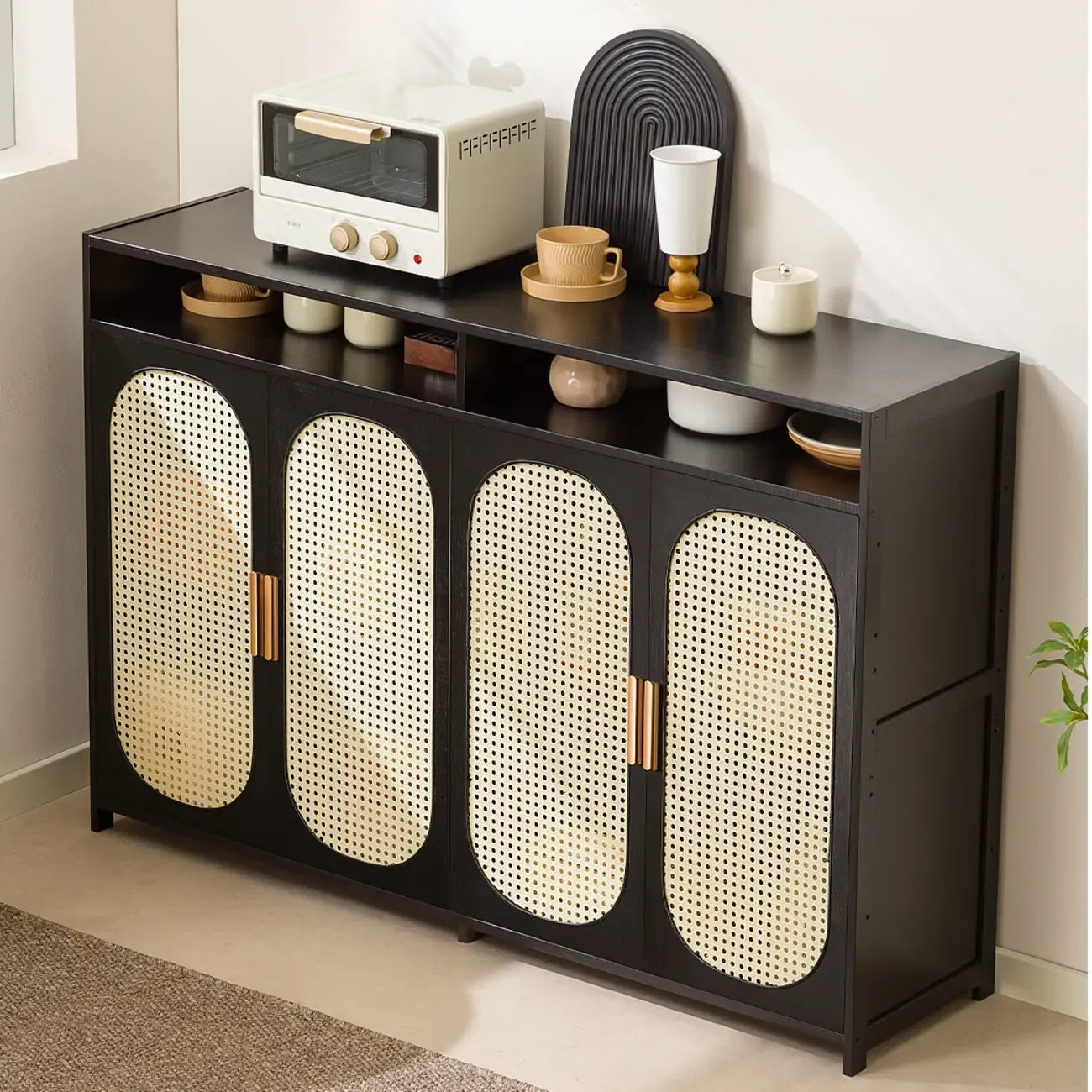 Narrow Rectangular Rattan Bamboo Sideboard with Open Shelf