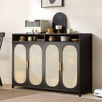 Narrow Rectangular Rattan Bamboo Sideboard with Open Shelf