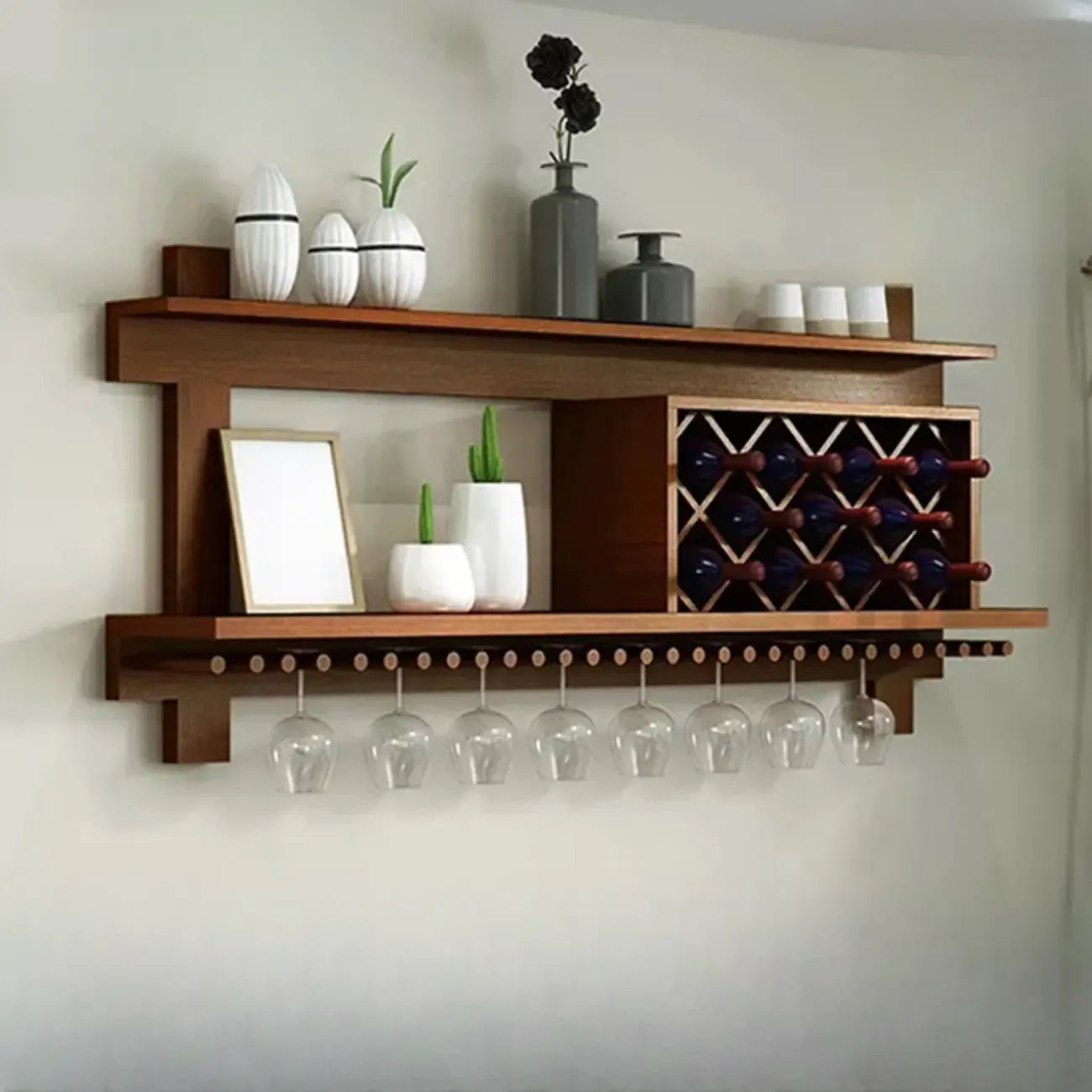 Vintage Hanging Wine Bottle and Glass Rack with Shelf