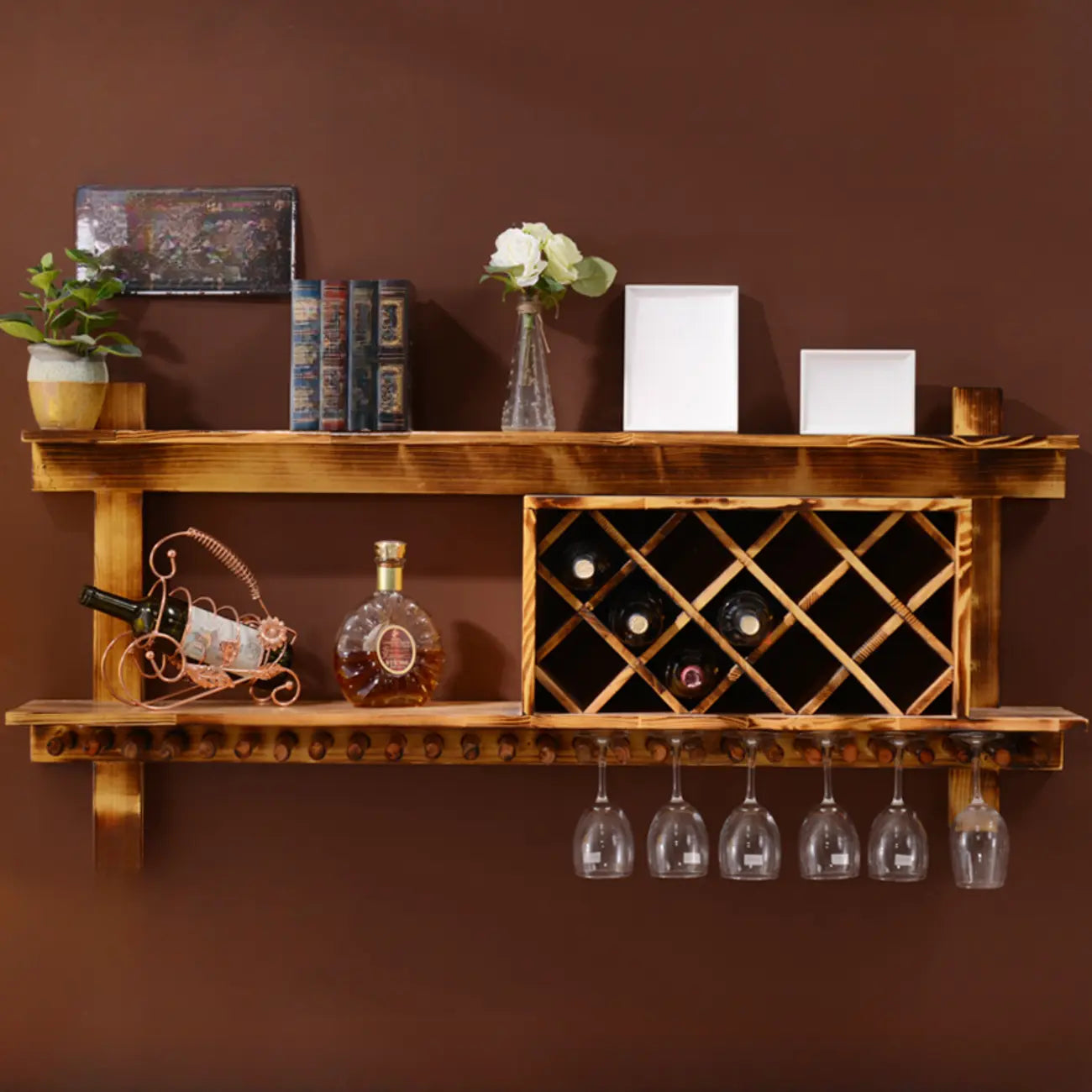 Vintage Hanging Wine Bottle and Glass Rack with Shelf