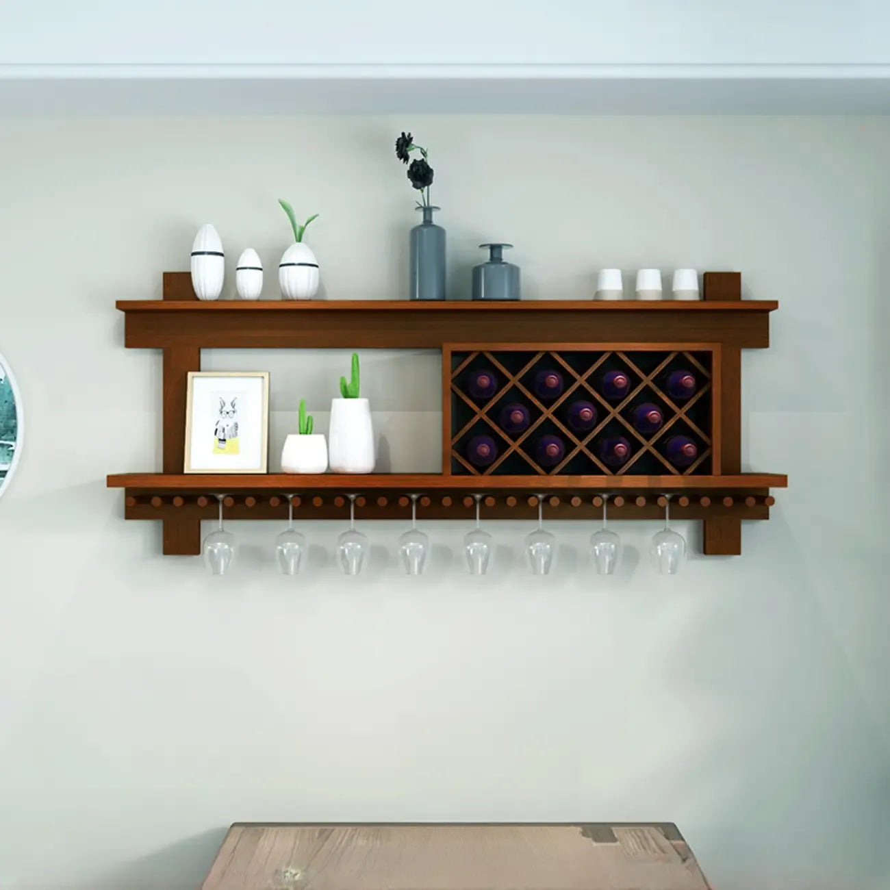 Vintage Hanging Wine Bottle and Glass Rack with Shelf