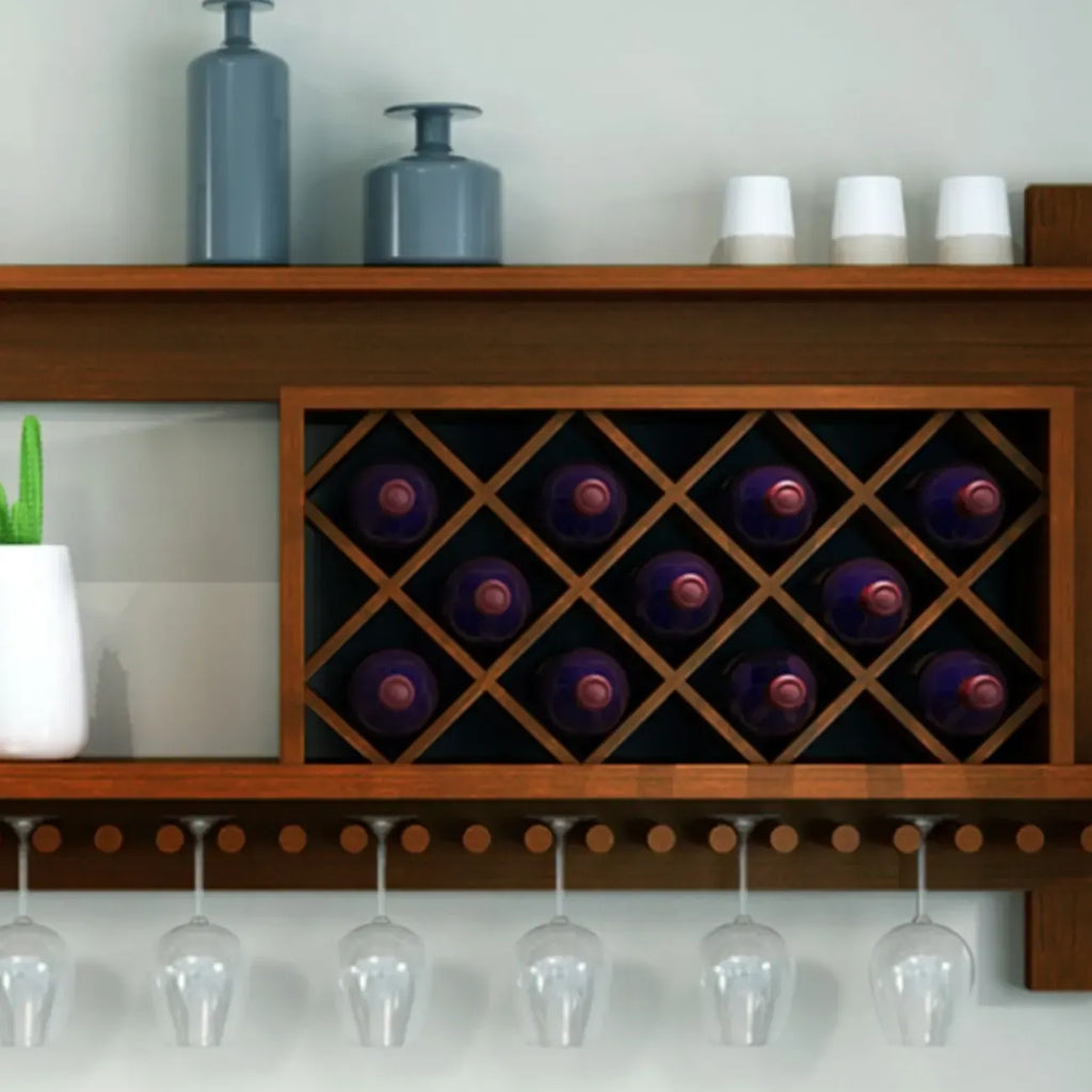 Vintage Hanging Wine Bottle and Glass Rack with Shelf