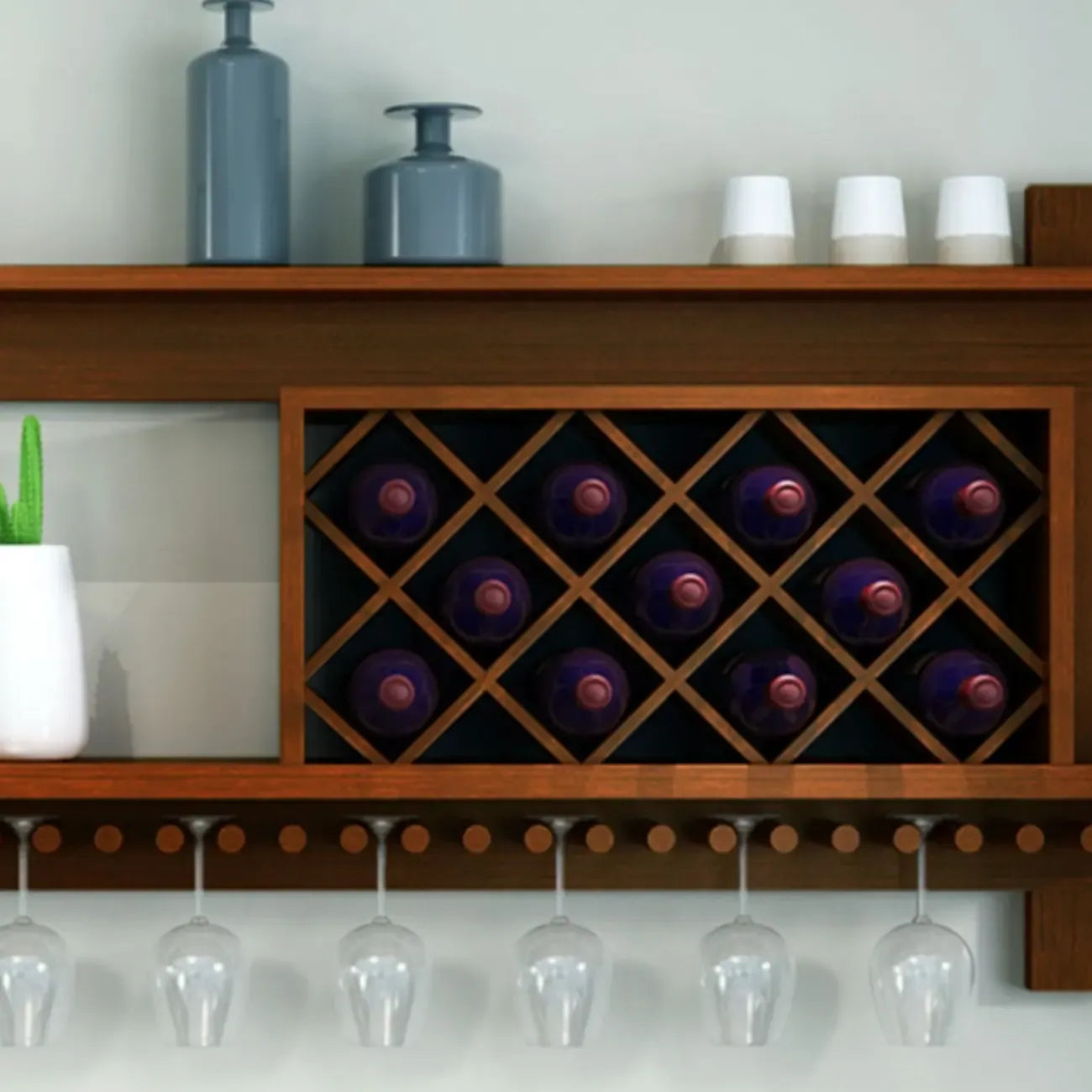 Vintage Hanging Wine Bottle and Glass Rack with Shelf