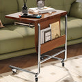 Brown Wood Top C-Shaped Sofa Side Table with Wheels