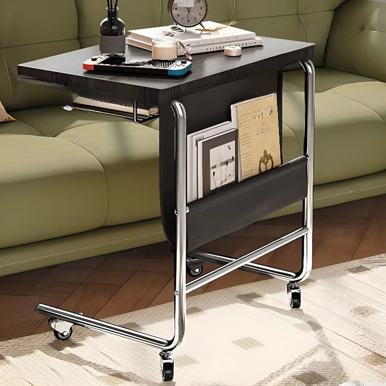 Brown Wood Top C-Shaped Sofa Side Table with Wheels