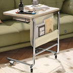 Brown Wood Top C-Shaped Sofa Side Table with Wheels