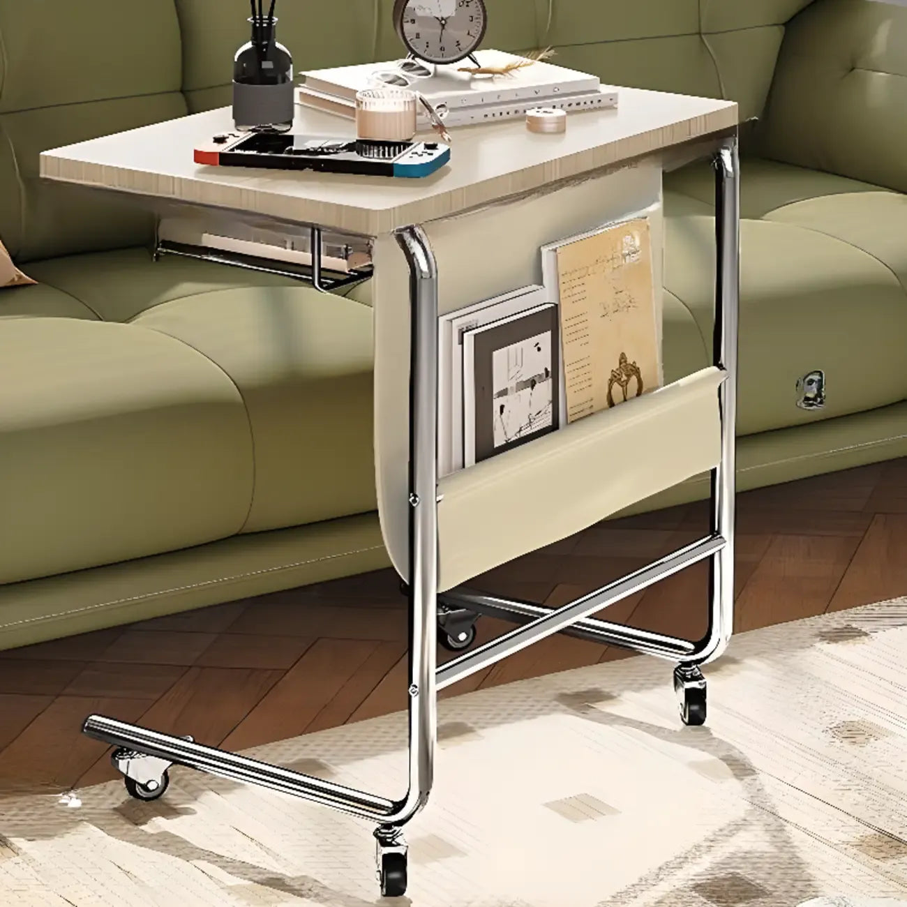 Brown Wood Top C-Shaped Sofa Side Table with Wheels