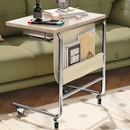 Brown Wood Top C-Shaped Sofa Side Table with Wheels