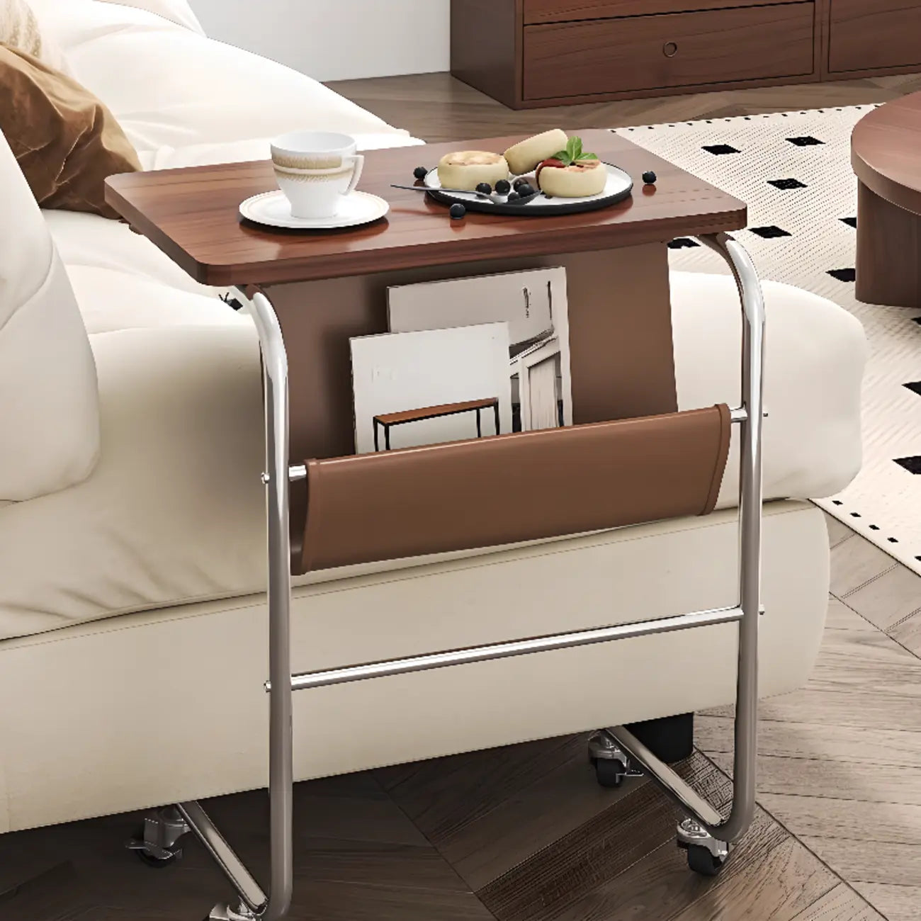 Brown Wood Top C-Shaped Sofa Side Table with Wheels