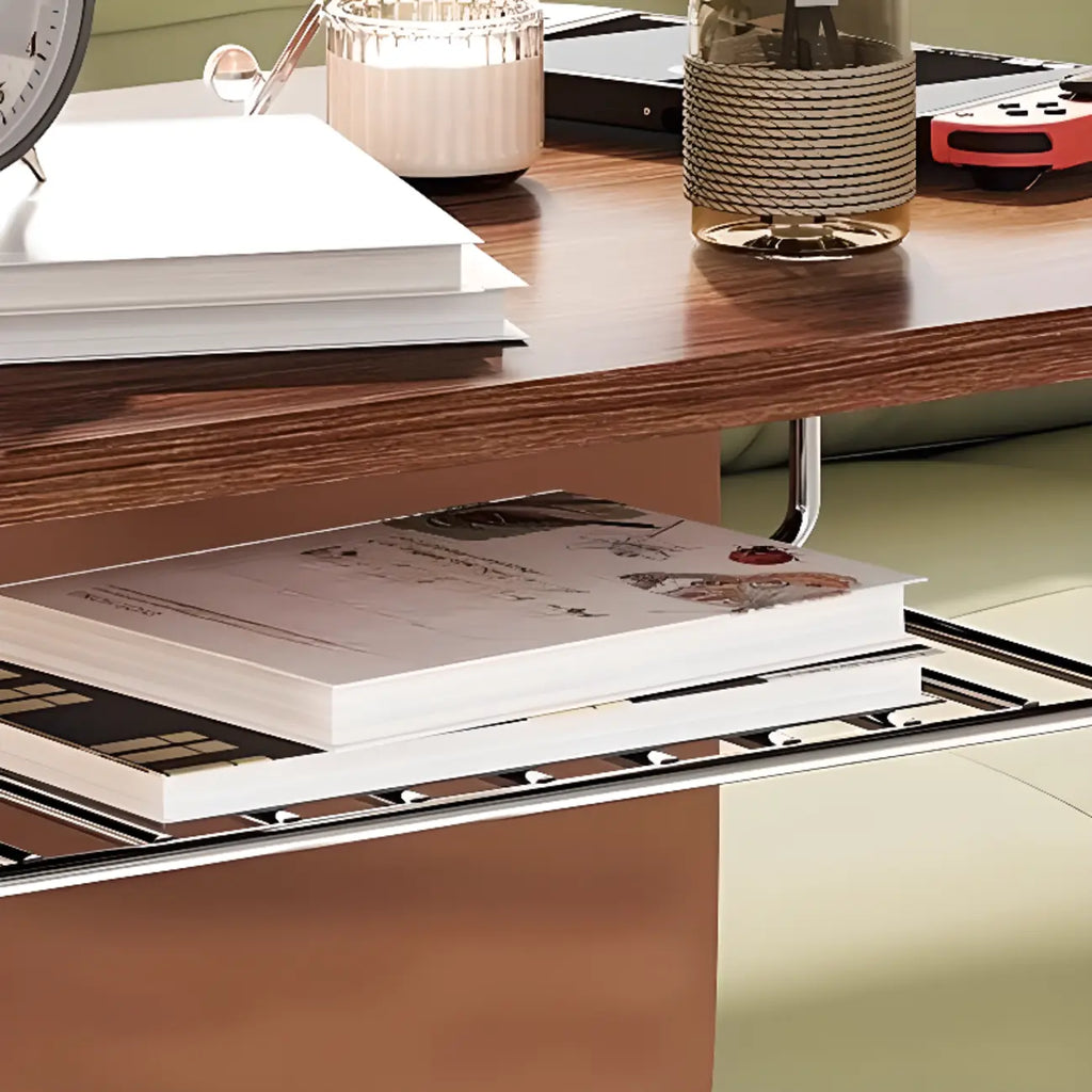 Brown Wood Top C-Shaped Sofa Side Table with Wheels