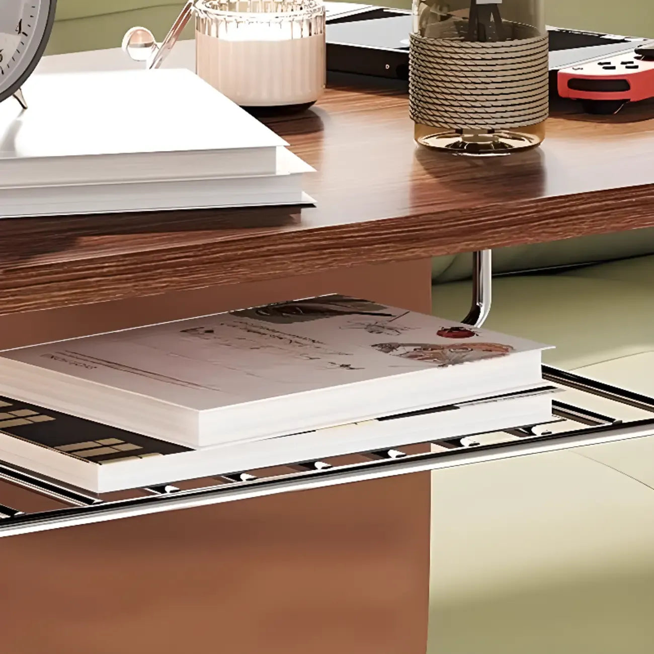 Brown Wood Top C-Shaped Sofa Side Table with Wheels