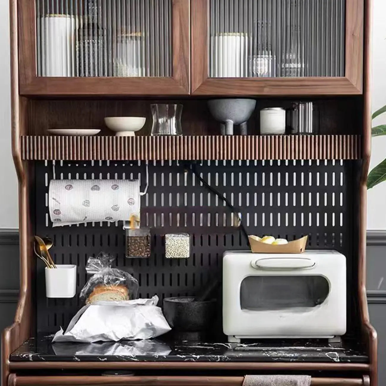 Kitchen Brown Wooden Open Storage Sideboard with Hutch