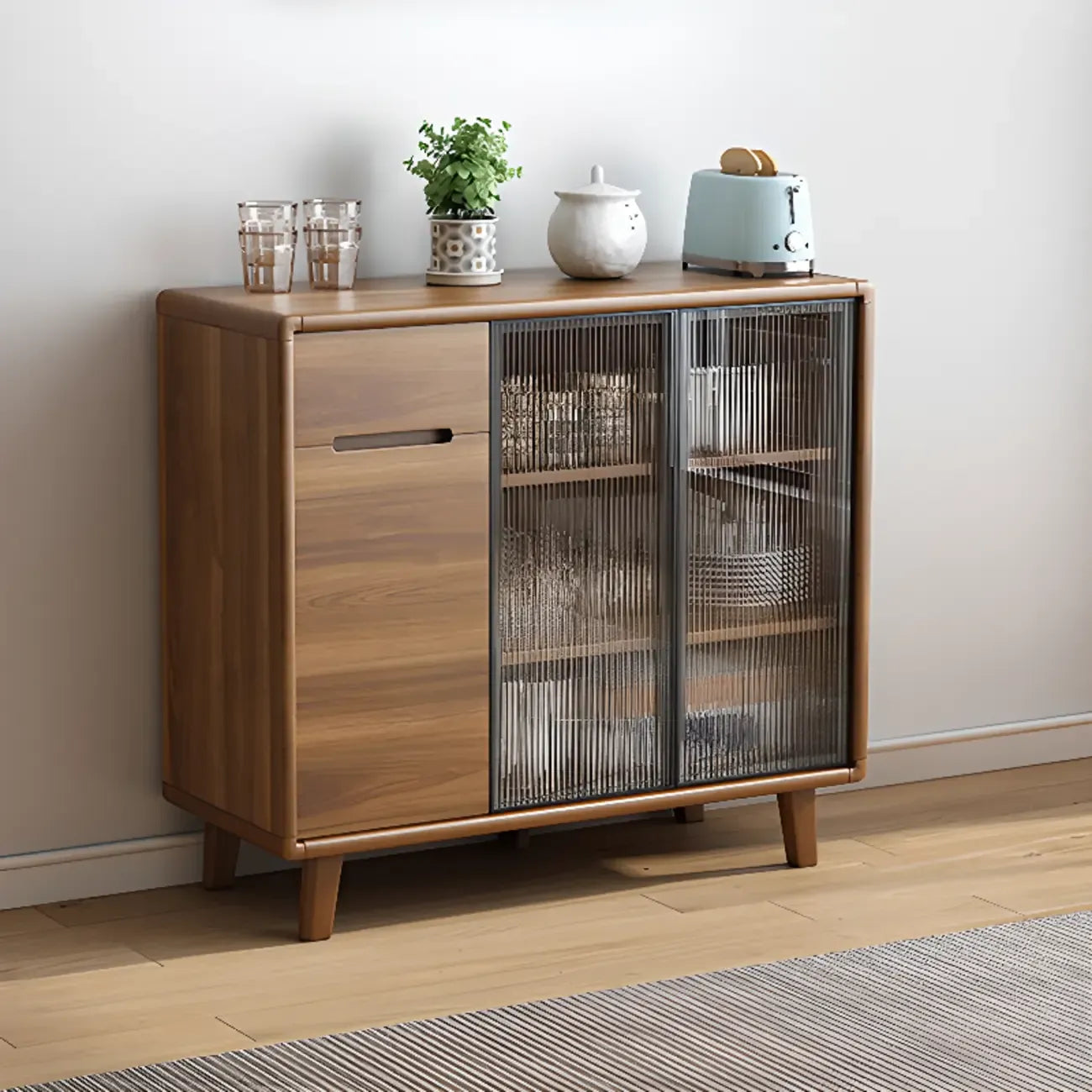 Brown Wooden 3-Drawer Sliding Door Buffet Cabinet
