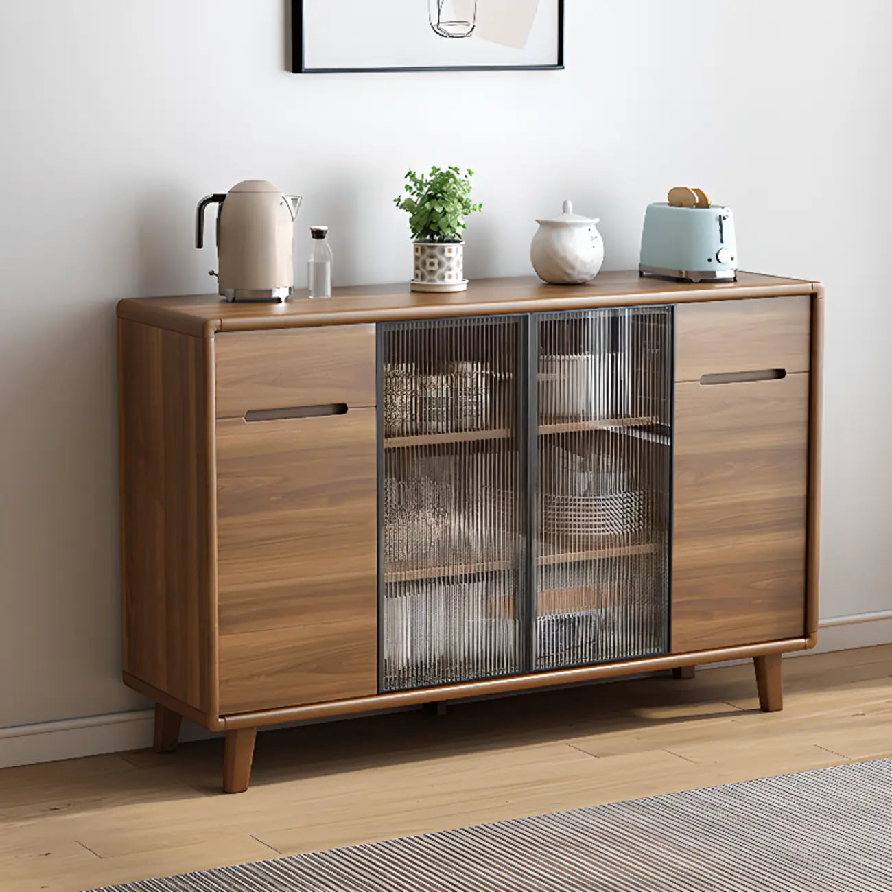 Brown Wooden 3-Drawer Sliding Door Buffet Cabinet