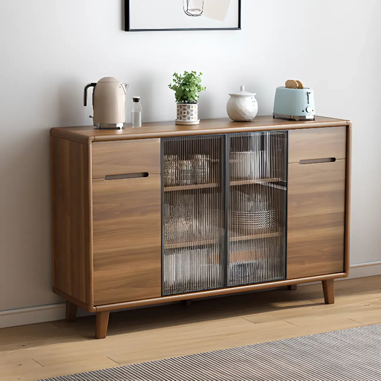 Brown Wooden 3-Drawer Sliding Door Buffet Cabinet