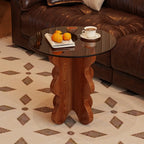 Mid-Century Modern Glass Top Walnut Pedestal Side Table