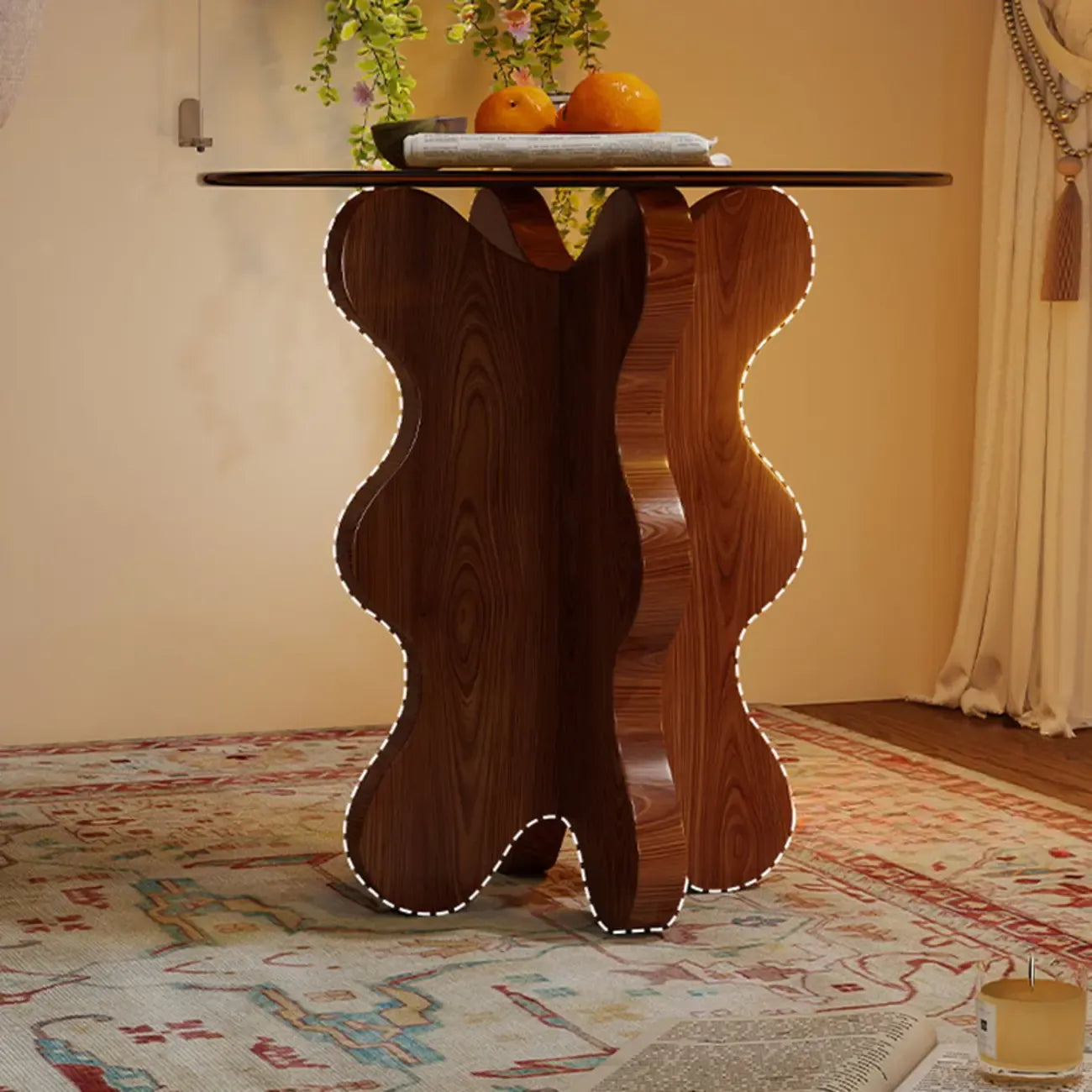 Mid-Century Modern Glass Top Walnut Pedestal Side Table