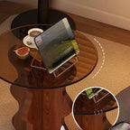 Mid-Century Modern Glass Top Walnut Pedestal Side Table