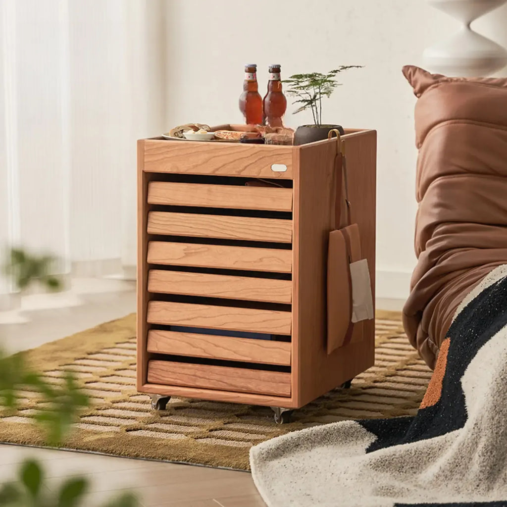 Modern Cherry Wood Rolling Side Table with Drawers
