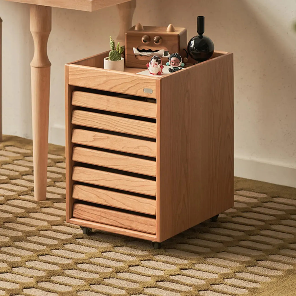 Modern Cherry Wood Rolling Side Table with Drawers