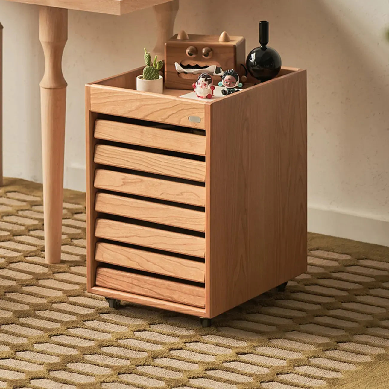 Modern Cherry Wood Rolling Side Table with Drawers