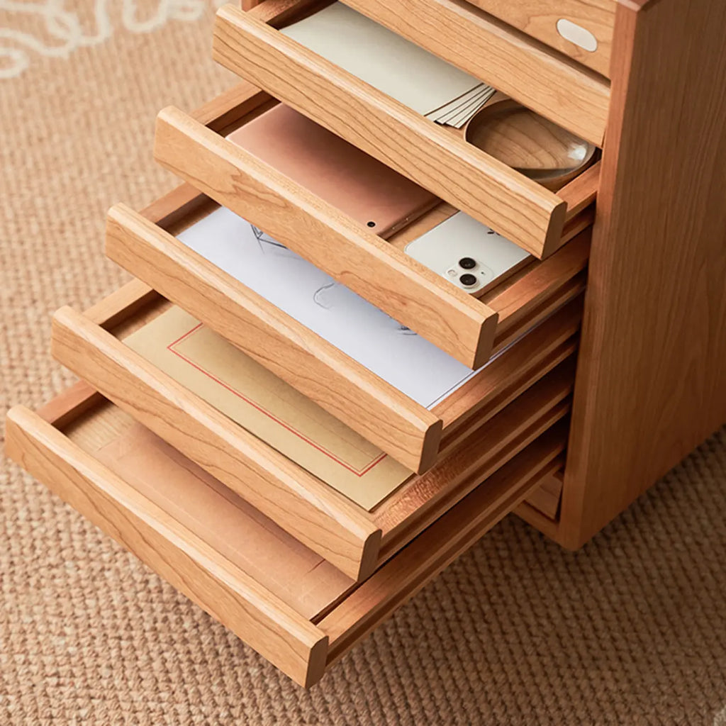 Modern Cherry Wood Rolling Side Table with Drawers