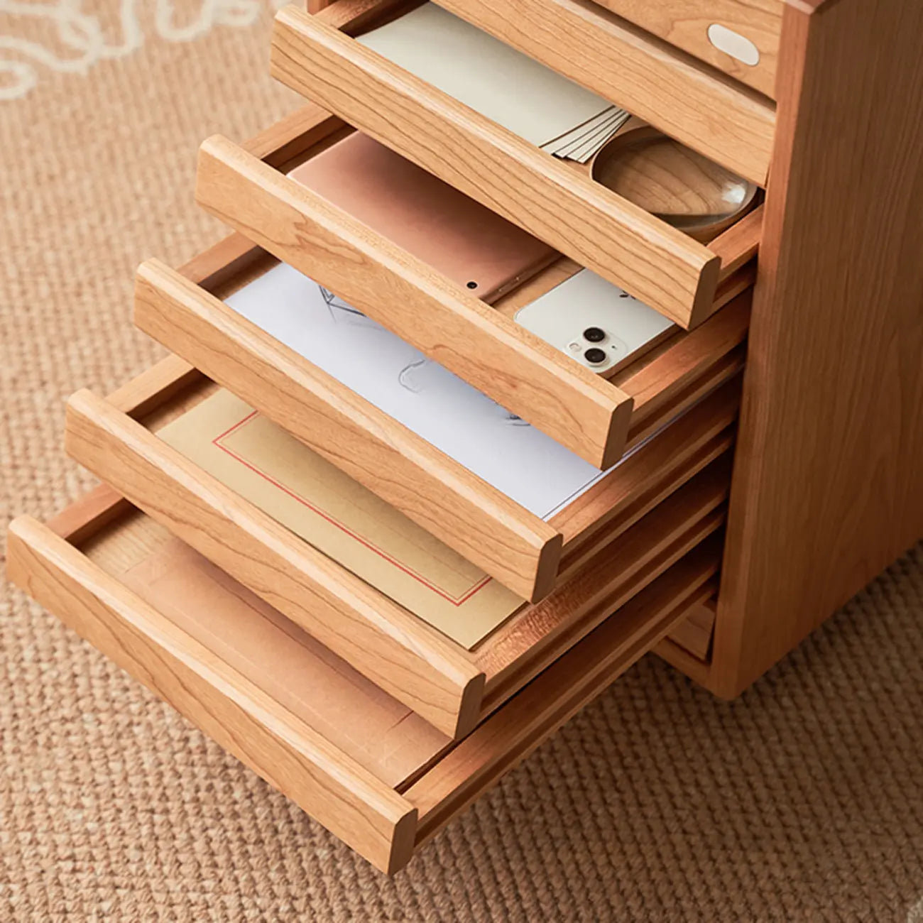 Modern Cherry Wood Rolling Side Table with Drawers