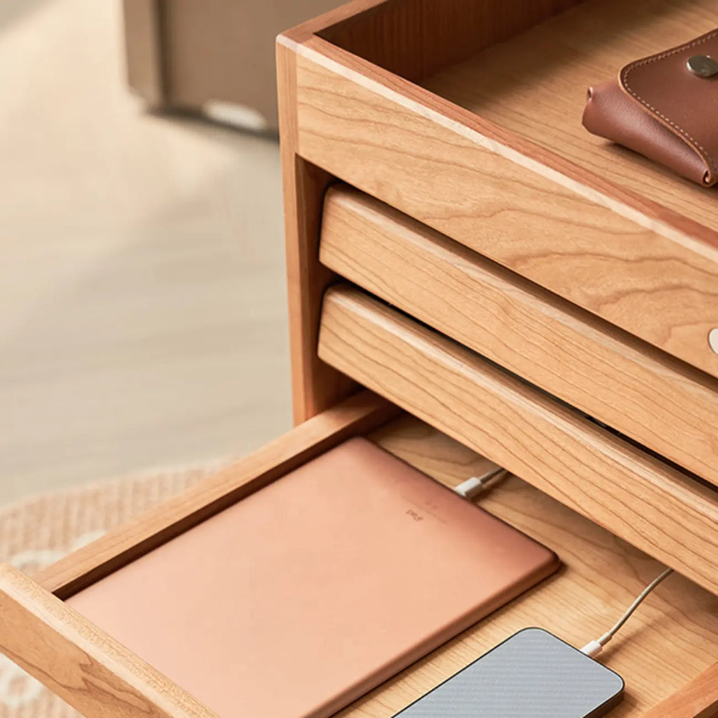 Modern Cherry Wood Rolling Side Table with Drawers