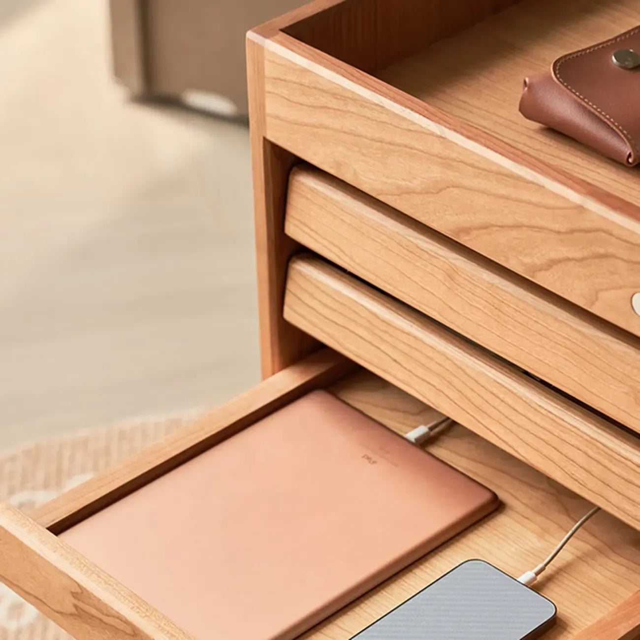 Modern Cherry Wood Rolling Side Table with Drawers