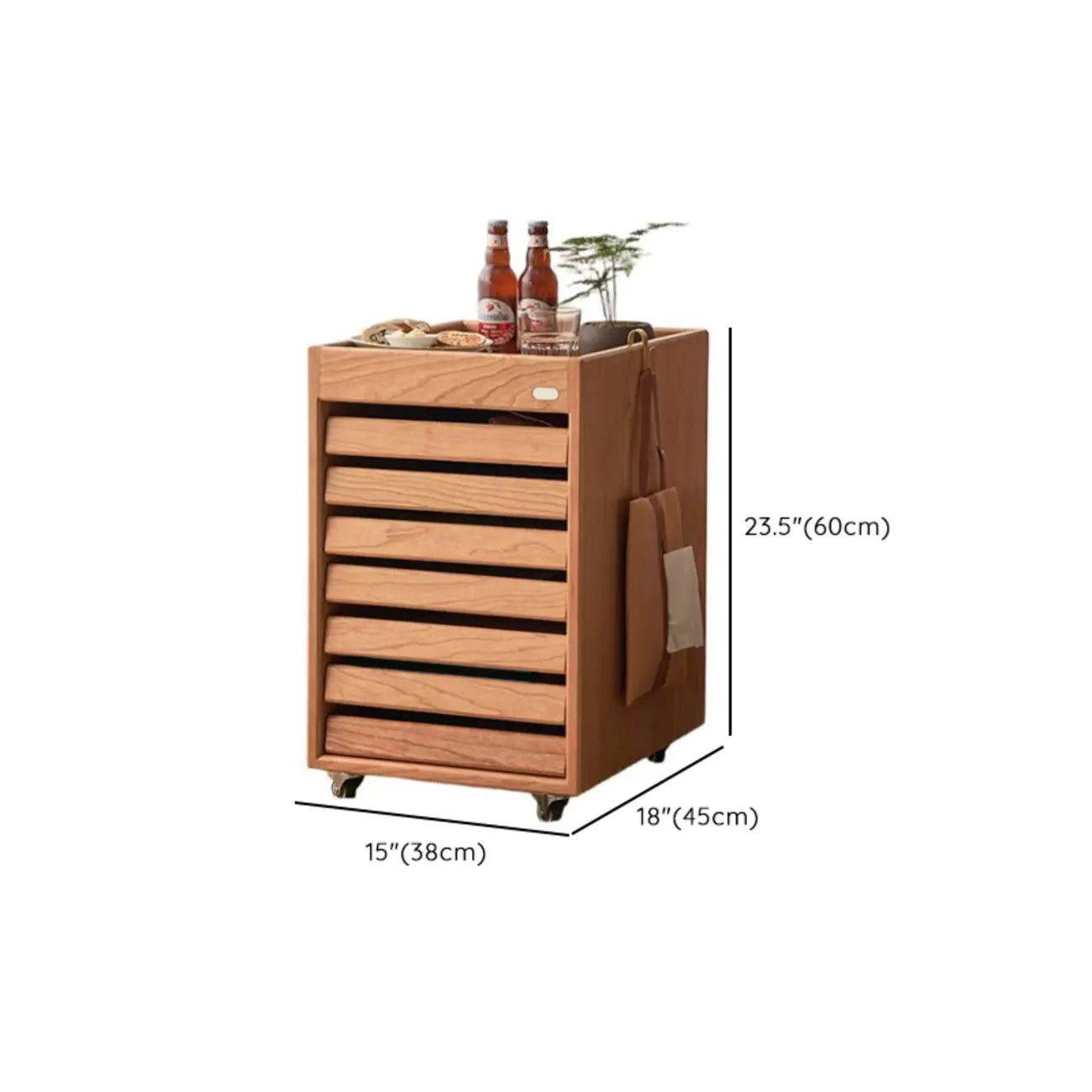 Modern Cherry Wood Rolling Side Table with Drawers