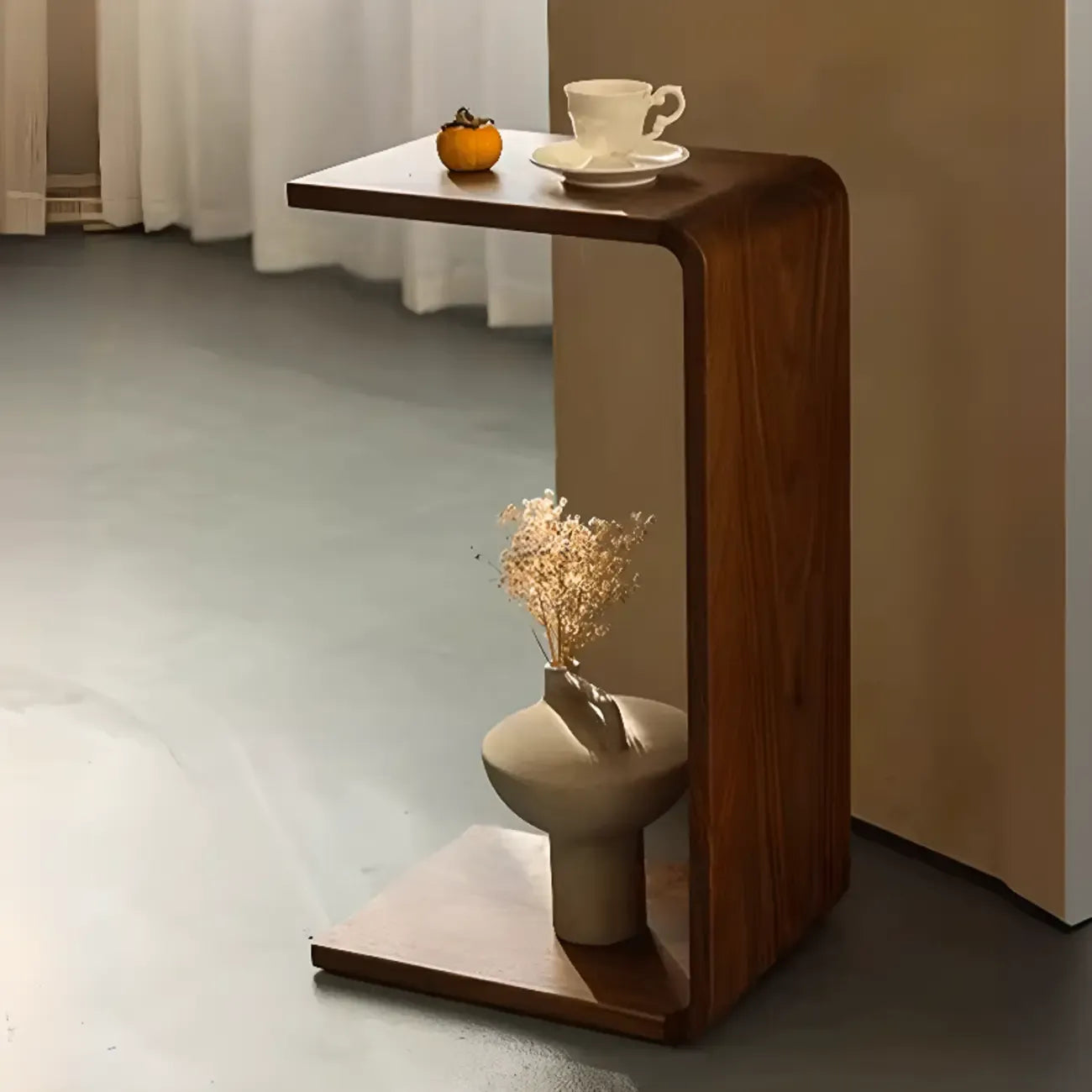 C Shaped Modern Wood Rectangular Side Table For Living Room