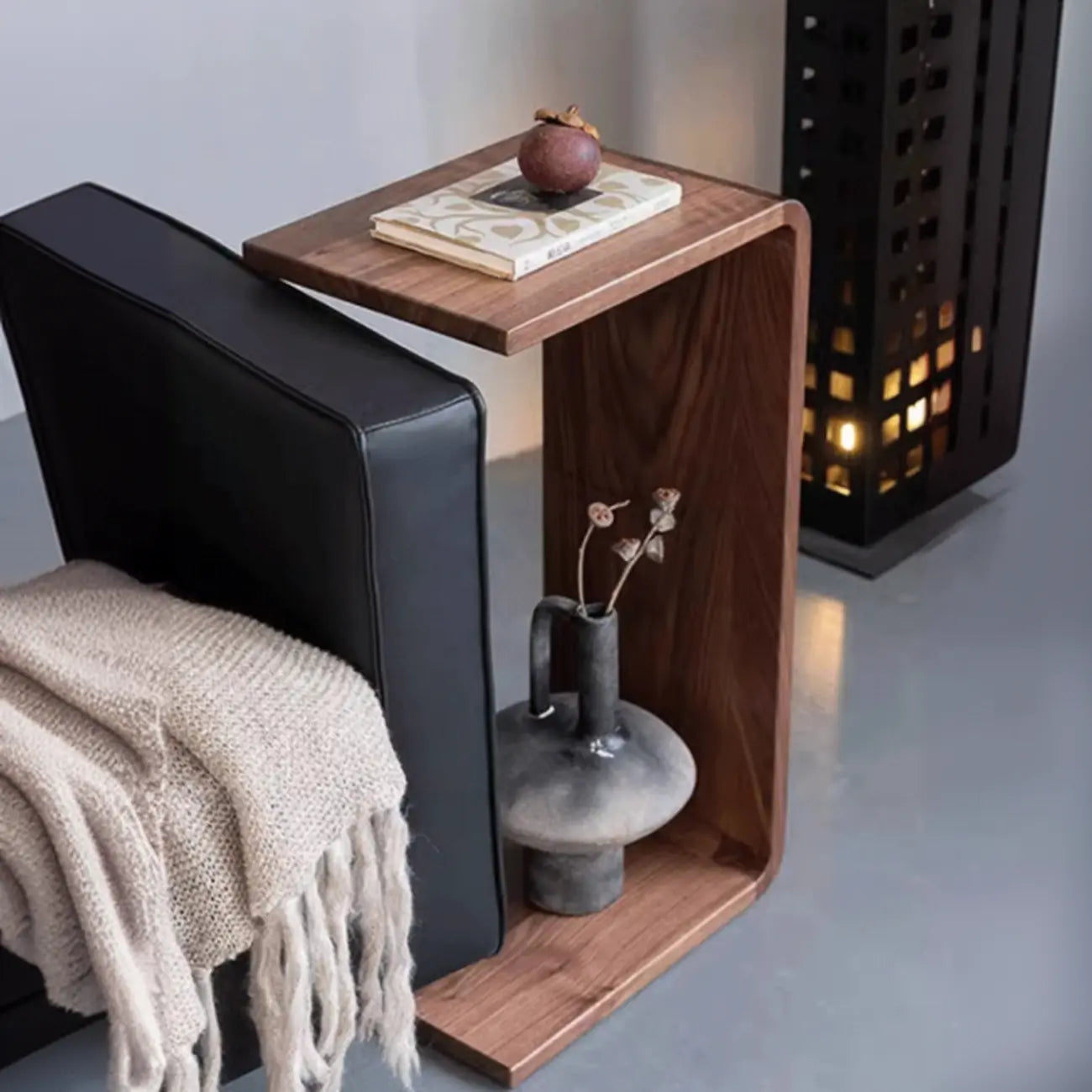 C Shaped Modern Wood Rectangular Side Table For Living Room