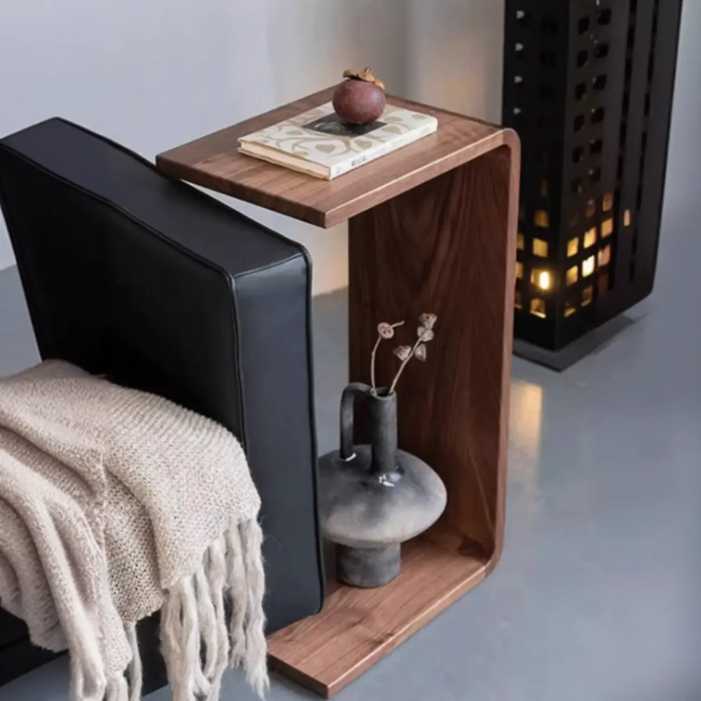 C Shaped Modern Wood Rectangular Side Table For Living Room