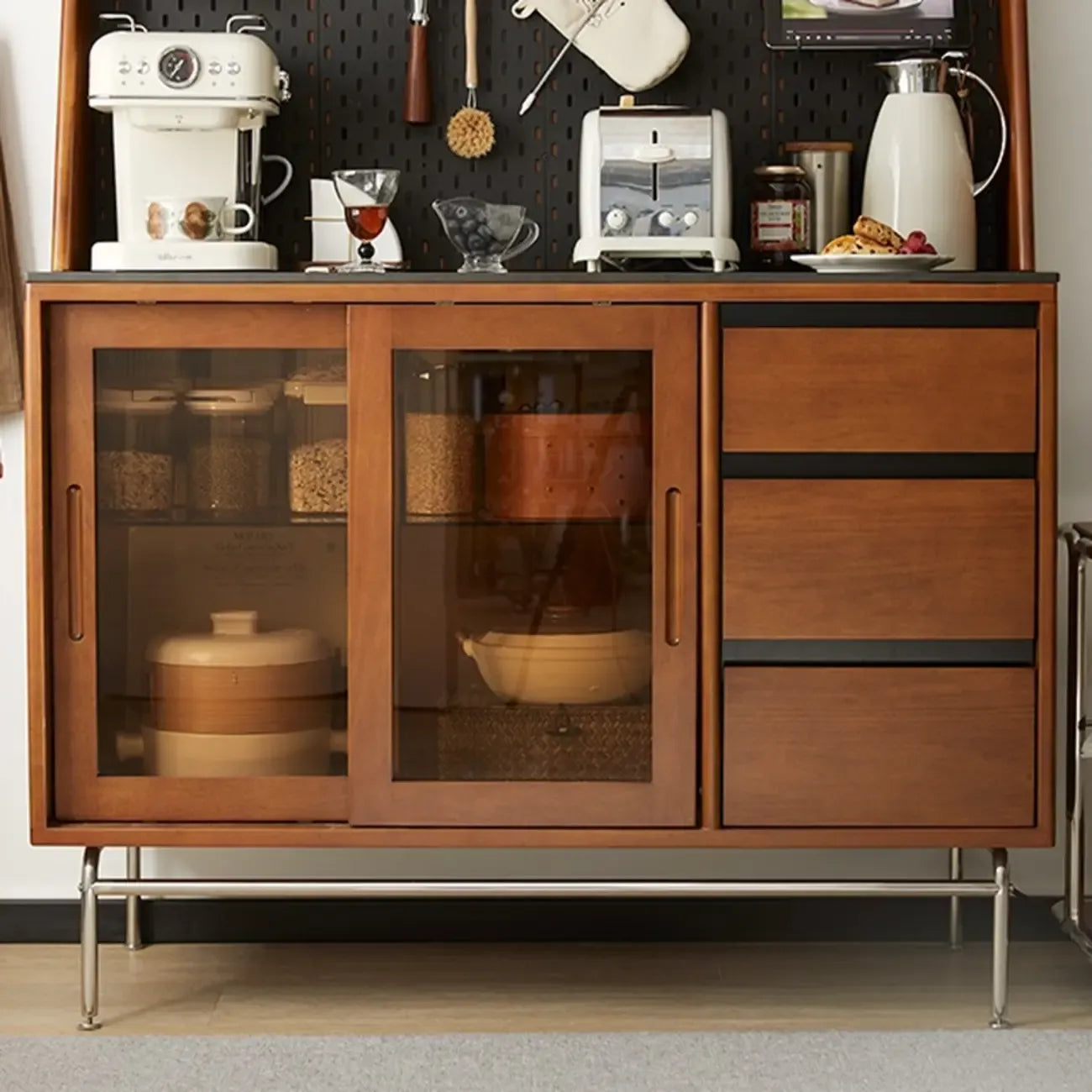Modern Pine Cherry Wood Sliding Door Buffet