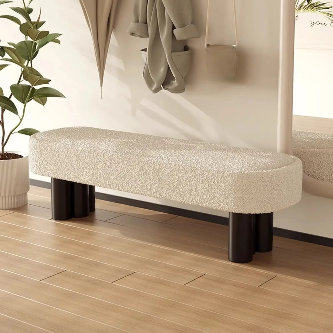 Modern Beige Upholstered Bedroom Bench Metal Frame