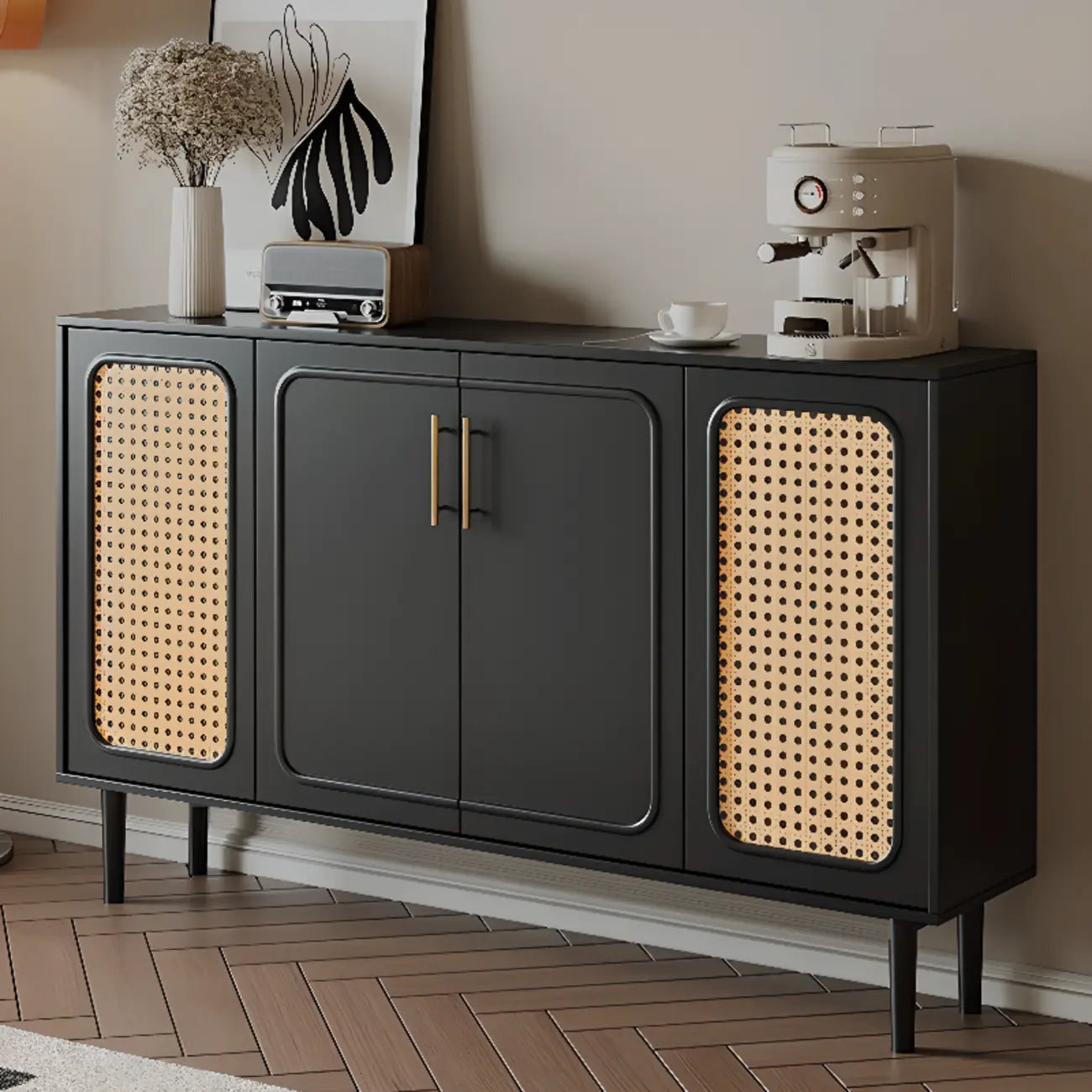 Modern Ink Wood Slab Buffet with Adjustable Shelving