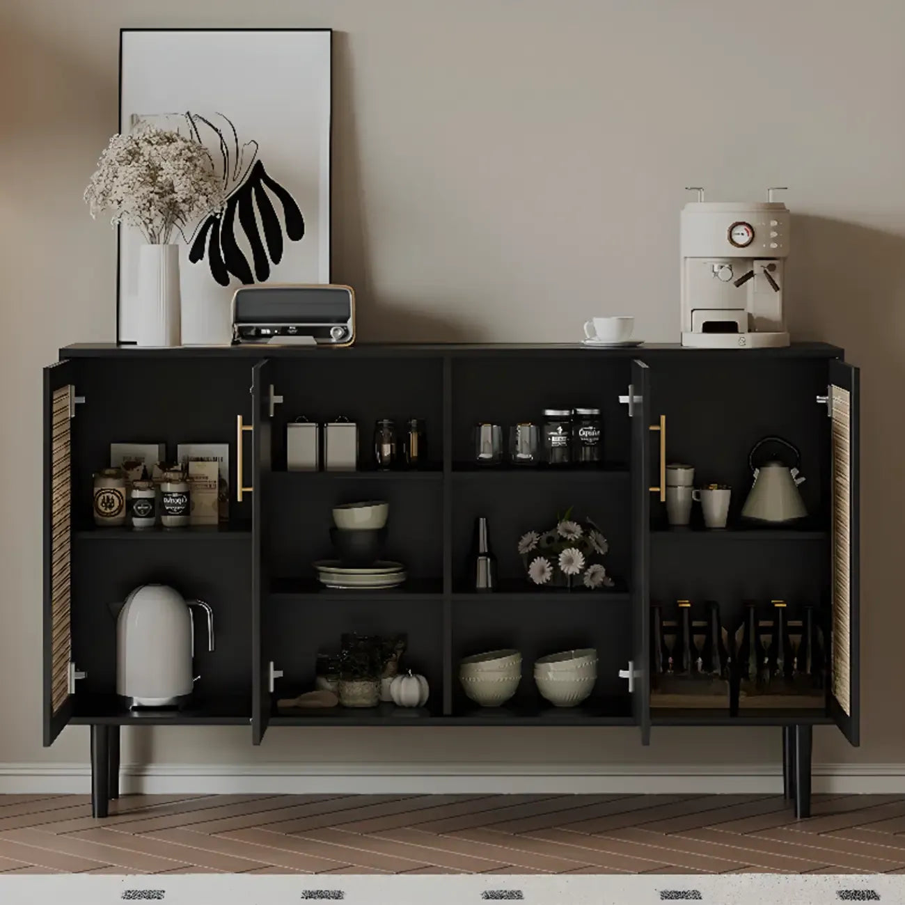 Modern Ink Wood Slab Buffet with Adjustable Shelving