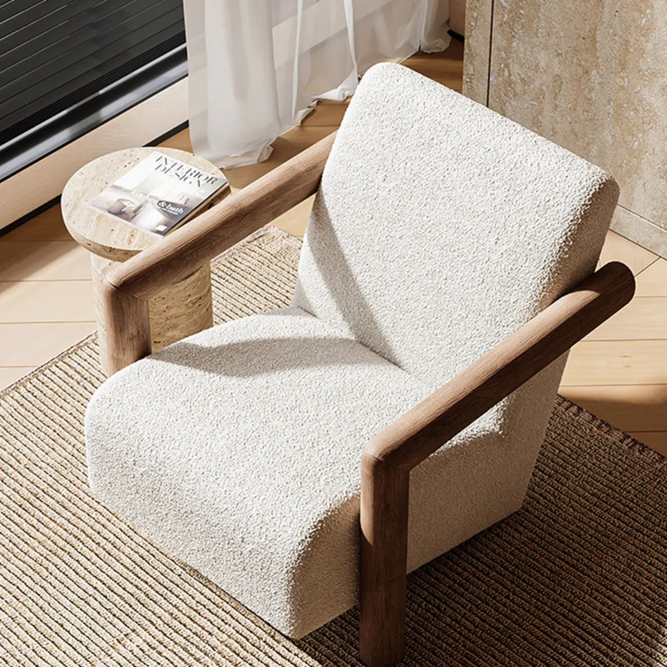 Minimalist White Mohair Fabric Living Room Arm Chair
