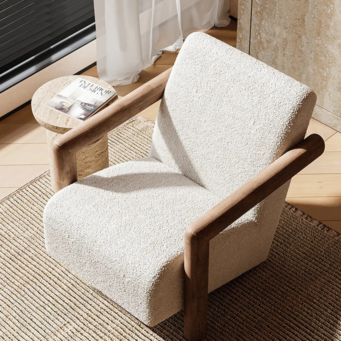 Minimalist White Mohair Fabric Living Room Arm Chair