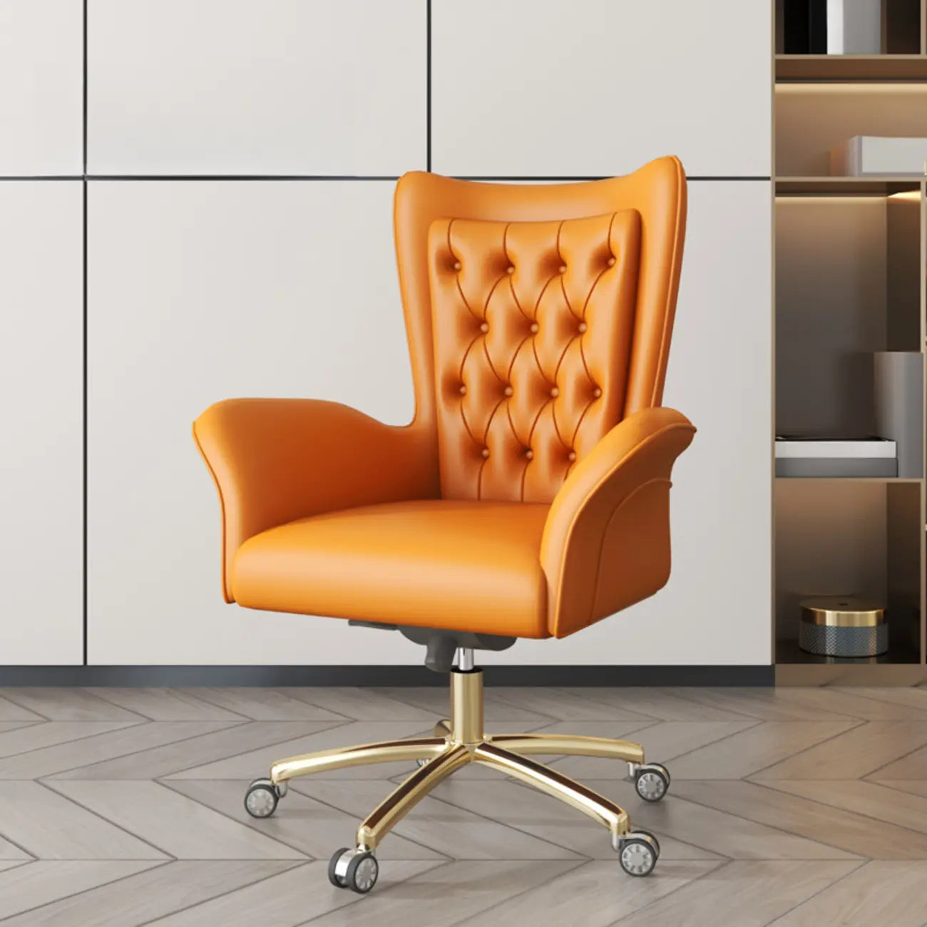 Modern Orange Executive Swivel Chair with Tufted Leather