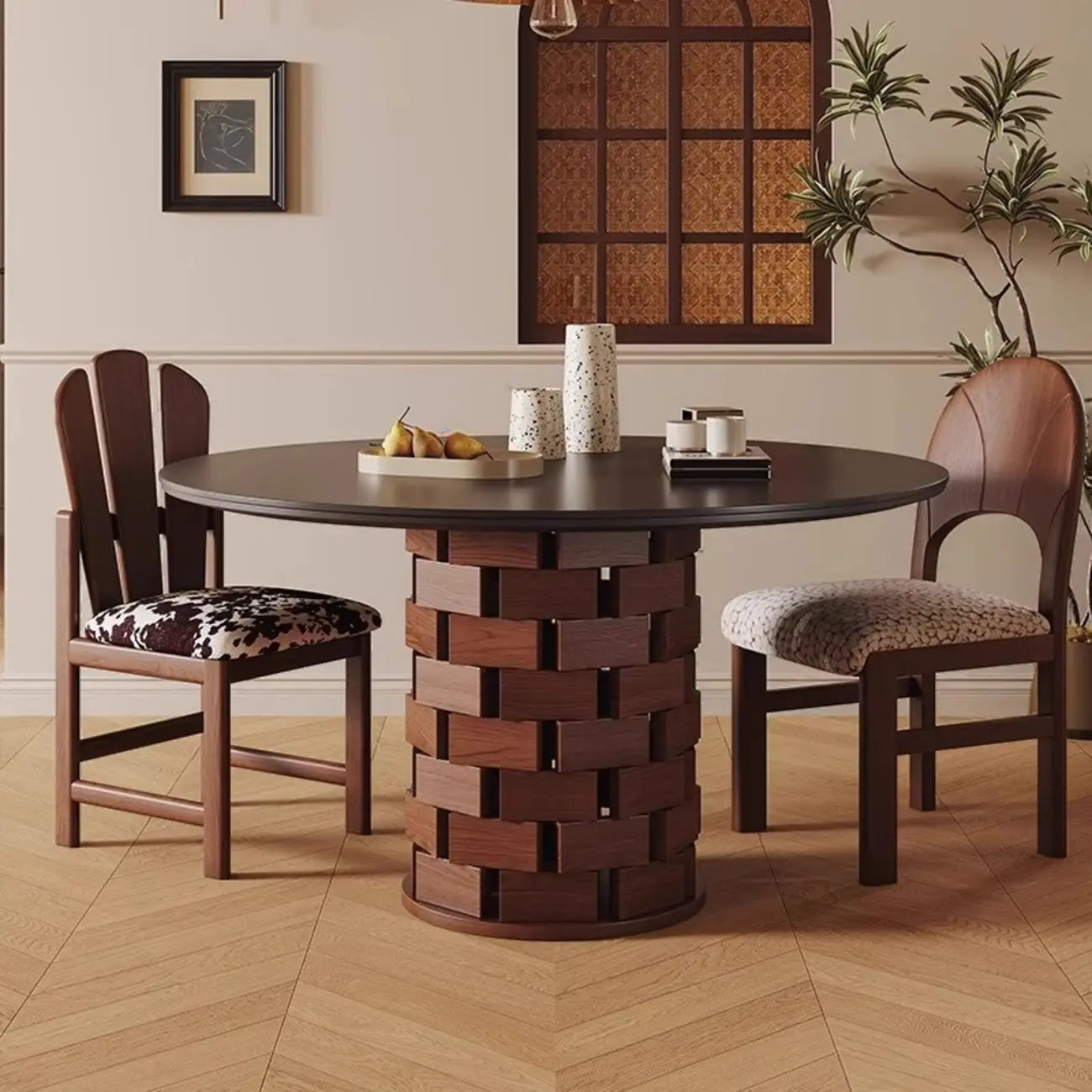 Modern Round Pedestal Dining Table with Slate Top