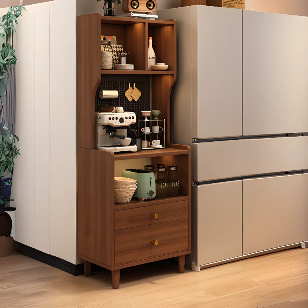 Modern Narrow Wood Kitchen Sideboard Open Storage