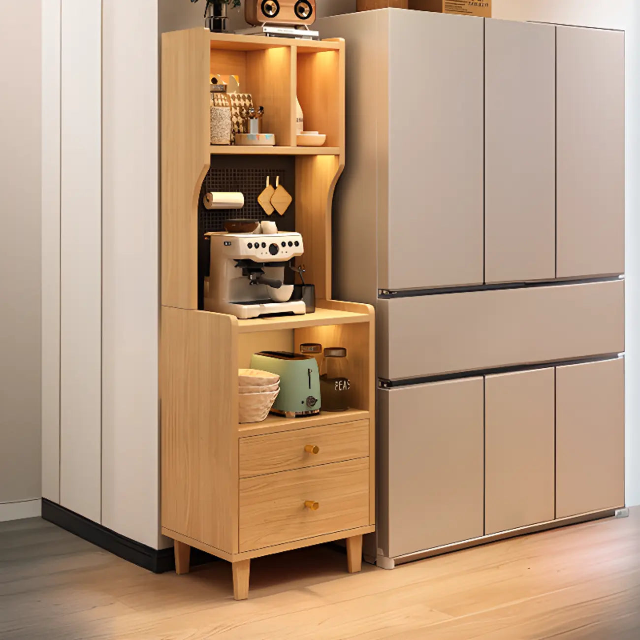 Modern Narrow Wood Kitchen Sideboard Open Storage